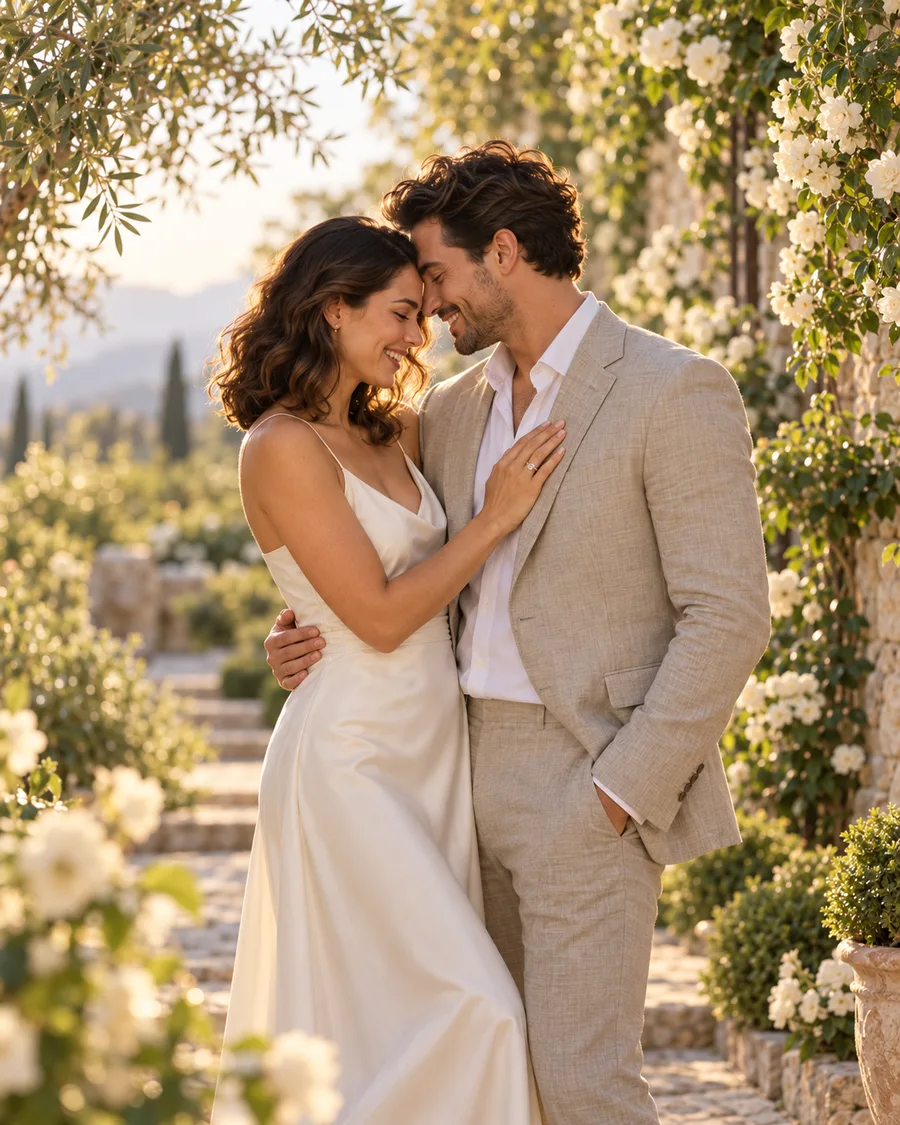Çiçekli bahçede romantik çift portresi
